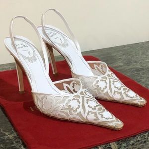 $1395 Rene Caovilla White Sheer Leather Lace Shoes Pumps Slingback Sandals 37.5